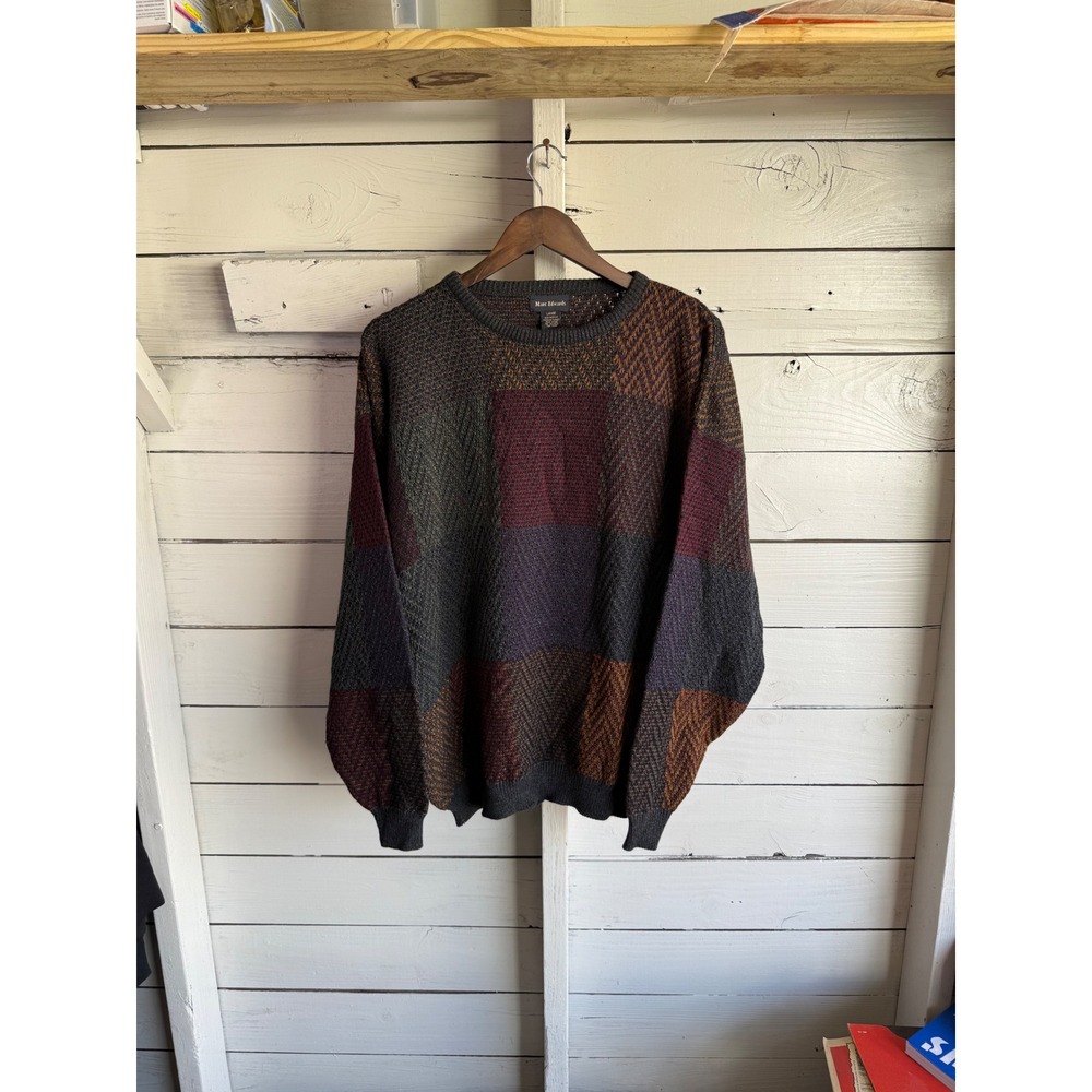 Marc Edwards Mens Vintage Patchwork Knit Sweater Multicolor Crewneck Large